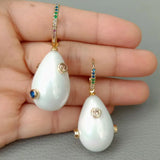 YYGEM White Sea Shell Pearl CZ Pave Hoop Earrings Wedding Party Jewelry