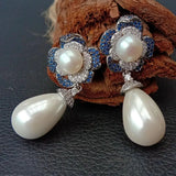 YYGEM Teardrop Sea Shell Pearl CZ Flower Stud Earrings