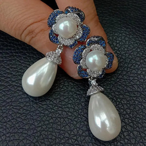 YYGEM Teardrop Sea Shell Pearl CZ Flower Stud Earrings