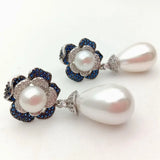 YYGEM Teardrop Sea Shell Pearl CZ Flower Stud Earrings