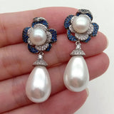 YYGEM Teardrop Sea Shell Pearl CZ Flower Stud Earrings