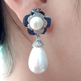 YYGEM Teardrop Sea Shell Pearl CZ Flower Stud Earrings