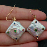 YYGEM 14MM Keshi Pearl Hook Earrings with Cubic Zirconia Rhinestone