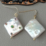 YYGEM 14MM Keshi Pearl Hook Earrings with Cubic Zirconia Rhinestone