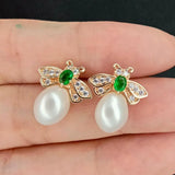 CZ Pave honeybee Stud Earrings, Freshwater Pearl Insect Studs
