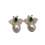 CZ Pave honeybee Stud Earrings, Freshwater Pearl Insect Studs