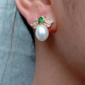 CZ Pave honeybee Stud Earrings, Freshwater Pearl Insect Studs