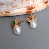 CZ Pave honeybee Stud Earrings, Freshwater Pearl Insect Studs