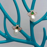 CZ Pave honeybee Stud Earrings, Freshwater Pearl Insect Studs