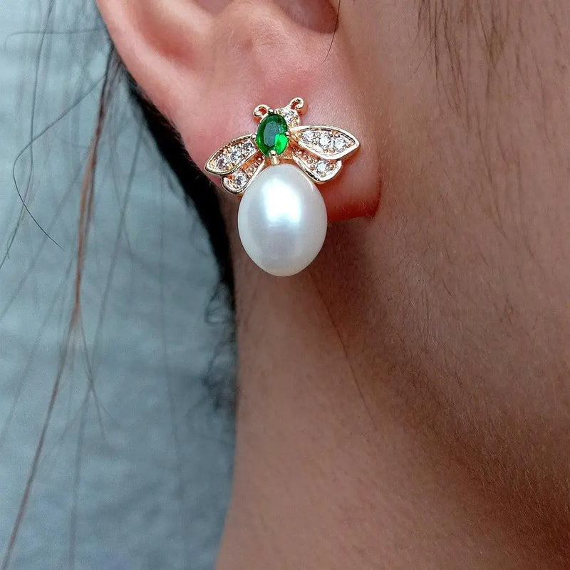 CZ Pave honeybee Stud Earrings, Freshwater Pearl Insect Studs