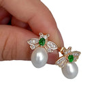 CZ Pave honeybee Stud Earrings, Freshwater Pearl Insect Studs