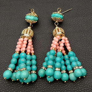 Pink Coral Green Turquoise Tassel CZ Hook Earrings
