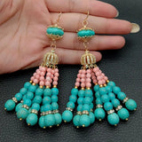 Pink Coral Green Turquoise Tassel CZ Hook Earrings