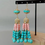 Pink Coral Green Turquoise Tassel CZ Hook Earrings