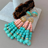 Pink Coral Green Turquoise Tassel CZ Hook Earrings