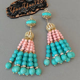 Pink Coral Green Turquoise Tassel CZ Hook Earrings