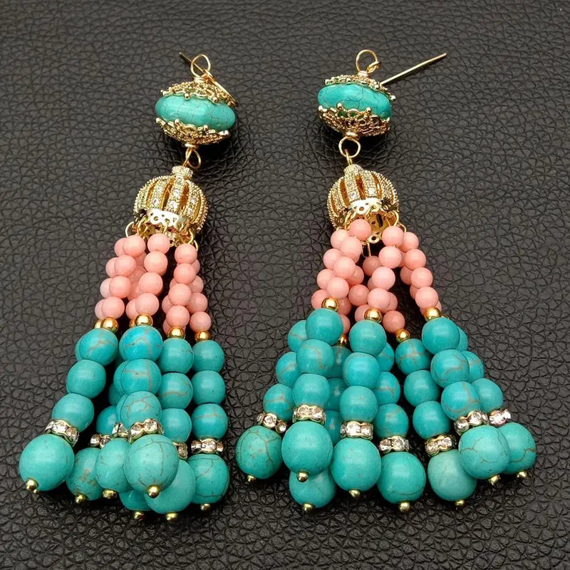 Pink Coral Green Turquoise Tassel CZ Hook Earrings
