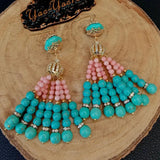 Pink Coral Green Turquoise Tassel CZ Hook Earrings