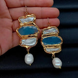 Cultured Biwa Pearl Jade Pave Drop Earrings