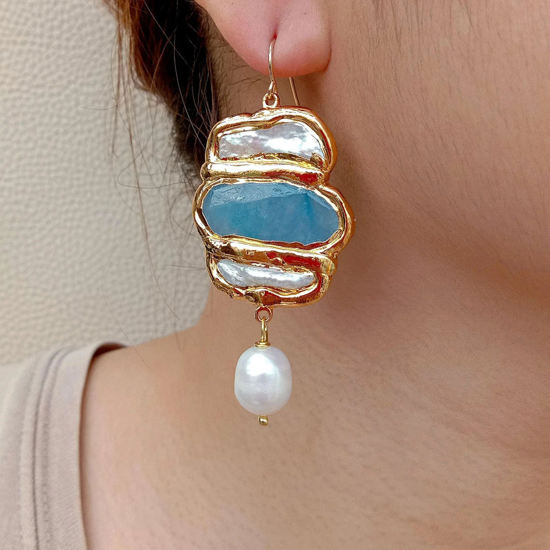 Cultured Biwa Pearl Jade Pave Drop Earrings
