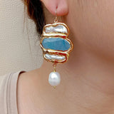 Cultured Biwa Pearl Jade Pave Drop Earrings