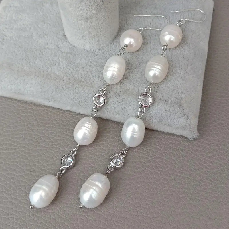YYGEM Rice Freshwater Pearl Cz Wrap Hook Earrings