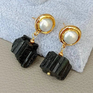 Tourmaline Rough Nugget Pearl Stud Earrings Ethnic Party