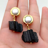 Tourmaline Rough Nugget Pearl Stud Earrings Ethnic Party