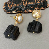 Tourmaline Rough Nugget Pearl Stud Earrings Ethnic Party