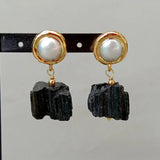 Tourmaline Rough Nugget Pearl Stud Earrings Ethnic Party