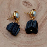 Tourmaline Rough Nugget Pearl Stud Earrings Ethnic Party