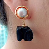 Tourmaline Rough Nugget Pearl Stud Earrings Ethnic Party