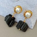Tourmaline Rough Nugget Pearl Stud Earrings Ethnic Party