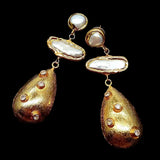 Biwa Pearl Teardrop Stud Earrings with Cz Pave