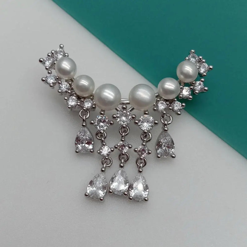 YYGEM Freshwater Pearl CZ Pave Silver Brooch