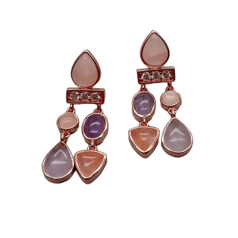 Geometric Amethyst Rose Quartz Stud Earrings for Women