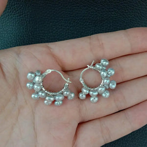 Gray Freshwater Pearl 925 Silver Hoop Earrings for Women