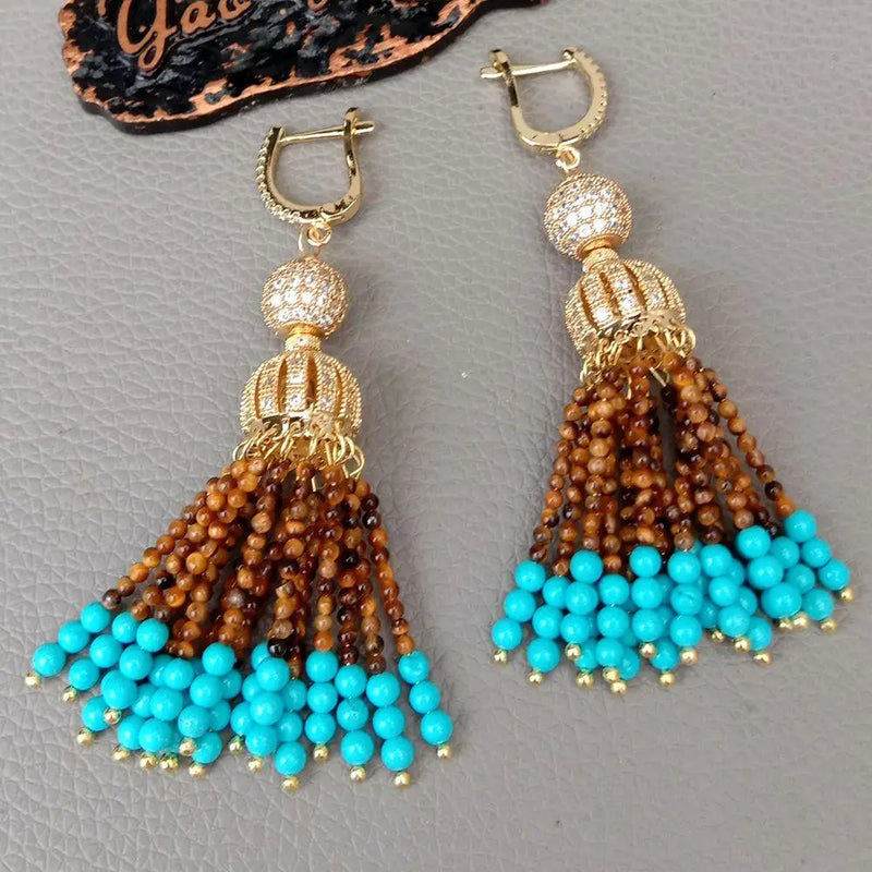 Natural Yellow Tiger Eye Turquoise Cz Cap Leverback Earrings
