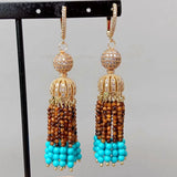 Natural Yellow Tiger Eye Turquoise Cz Cap Leverback Earrings