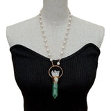 Rice Pearl Wrap Necklace with Green Muscovite and Point Quartz Pendant