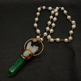 Rice Pearl Wrap Necklace with Green Muscovite and Point Quartz Pendant