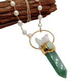 Rice Pearl Wrap Necklace with Green Muscovite and Point Quartz Pendant
