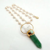 Rice Pearl Wrap Necklace with Green Muscovite and Point Quartz Pendant