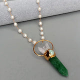 Rice Pearl Wrap Necklace with Green Muscovite and Point Quartz Pendant