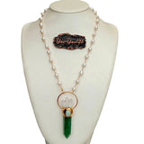 Rice Pearl Wrap Necklace with Green Muscovite and Point Quartz Pendant