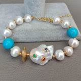 YYGEM Natural Pearl Turquoise Bracelet with CZ Pave Beads 8''