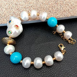YYGEM Natural Pearl Turquoise Bracelet with CZ Pave Beads 8''