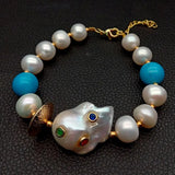 YYGEM Natural Pearl Turquoise Bracelet with CZ Pave Beads 8''