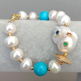 YYGEM Natural Pearl Turquoise Bracelet with CZ Pave Beads 8''