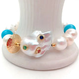 YYGEM Natural Pearl Turquoise Bracelet with CZ Pave Beads 8''